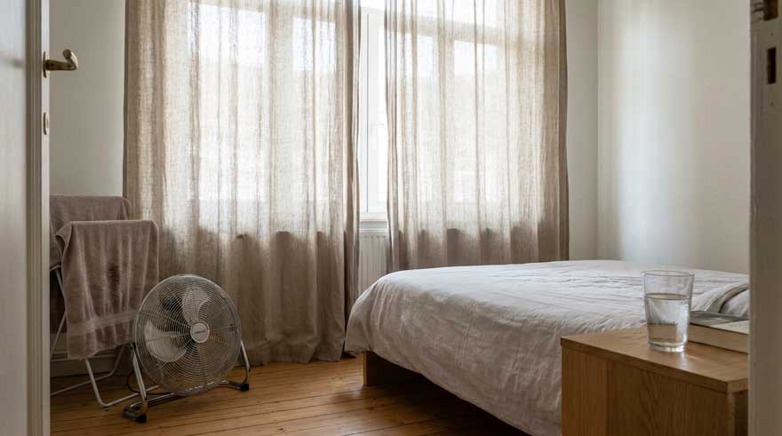 Appartment Bruxellois grande chaleur rideaux fermes ventilateur
