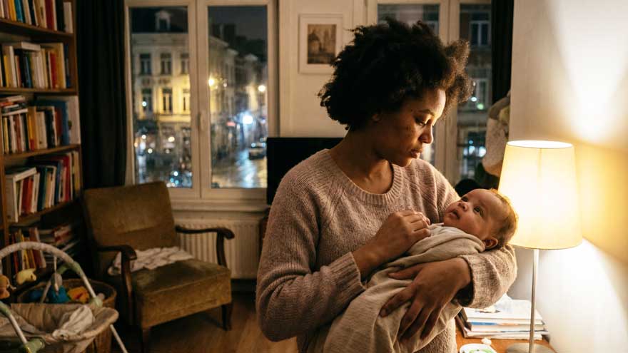regression du sommeil jeune maman tenant son bebe pendant une nuit difficile dans son appartement a bruxelles
